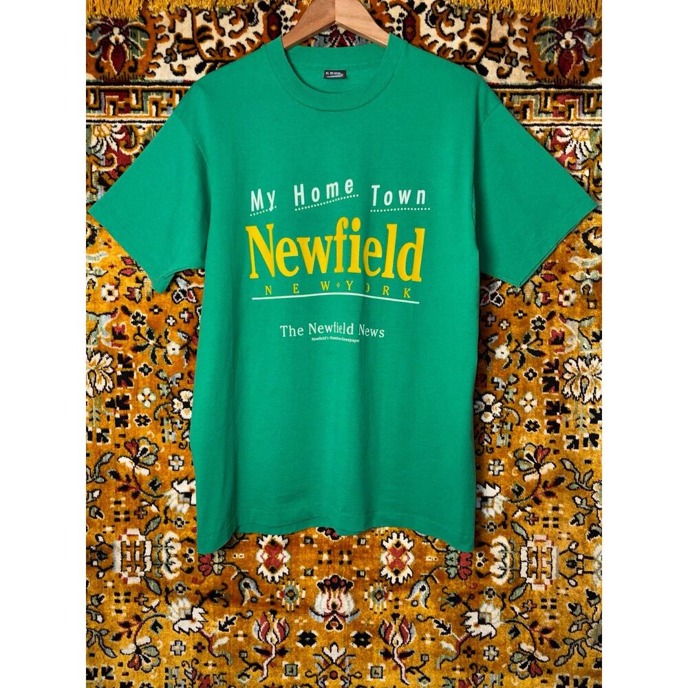 Vintage 90s Newfield NY Hometown News Single Stitch Green Tee Screen Stars XL